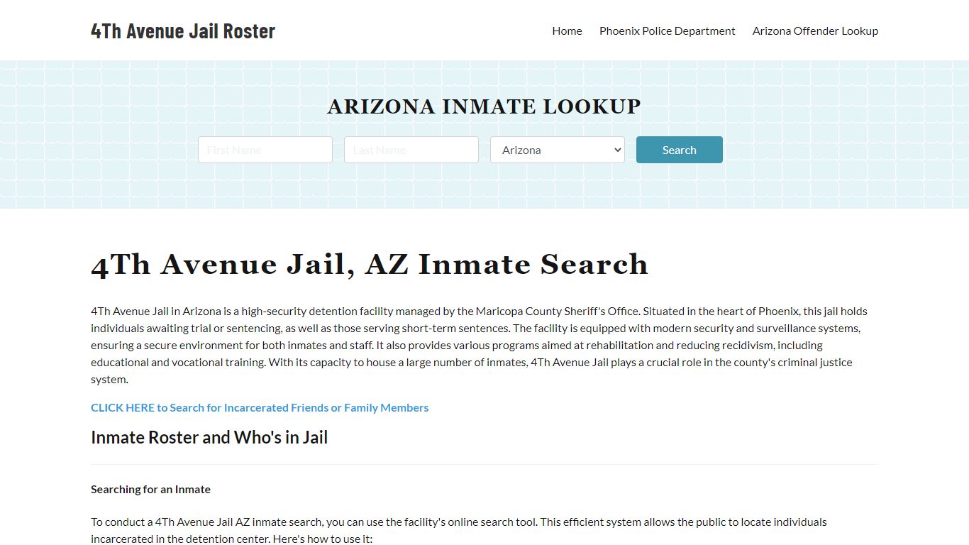 4Th Avenue Jail, AZ Inmate Roster, Offender Search, Bookings