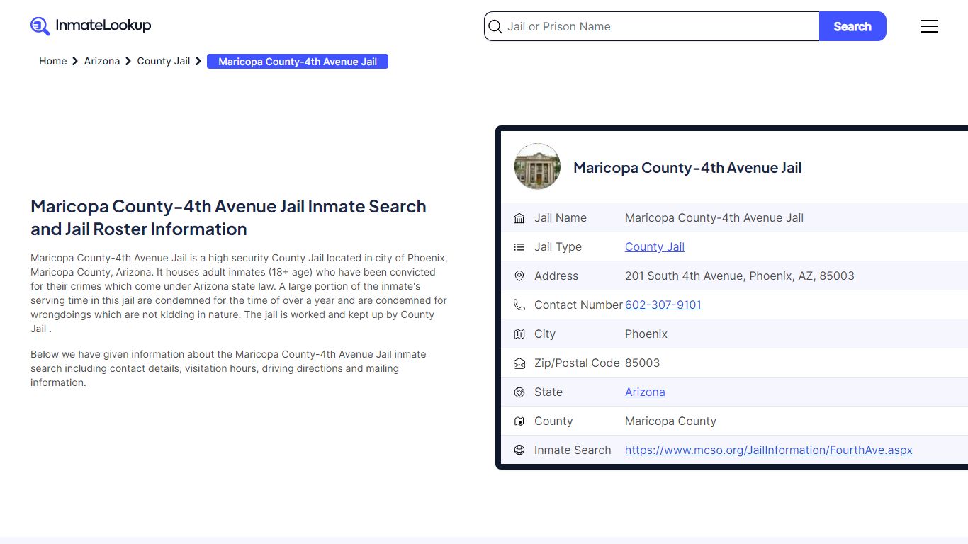 Maricopa County-4th Avenue Jail Inmate Search - Phoenix Arizona ...